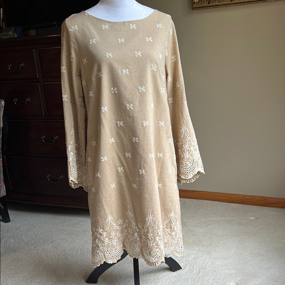 Sundance Beige Embroidered Long Sleeve A-Line Dress